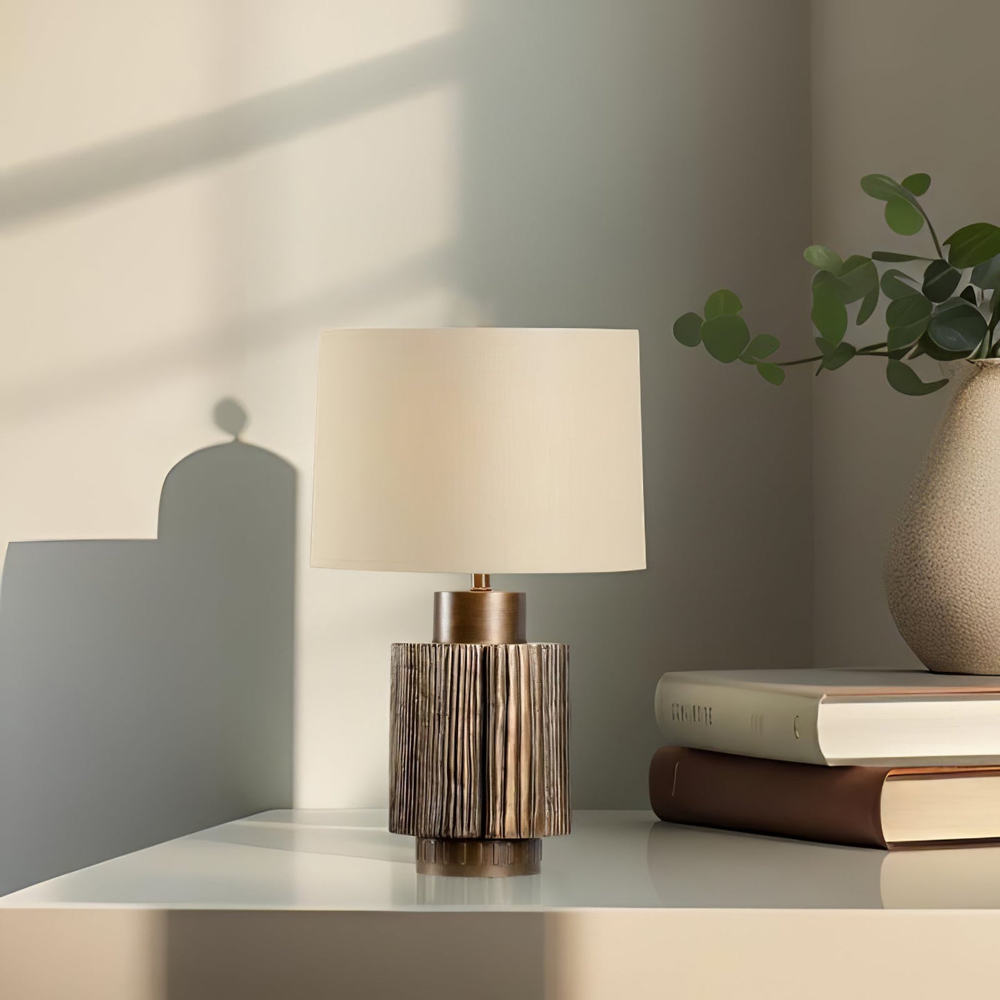 Antique Table Lamp | Bronze Base | Beige Shade