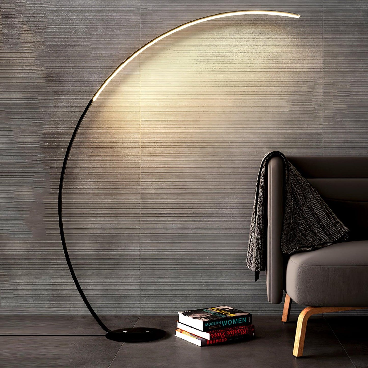 Arc Floor Lamp | Black Iron & White Acrylic Shade | 50cm Diameter