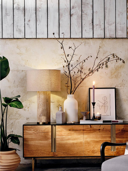 Aria Stone Table Lamp | Yellow Travertine Base & Beige Shade | 35cm Diameter