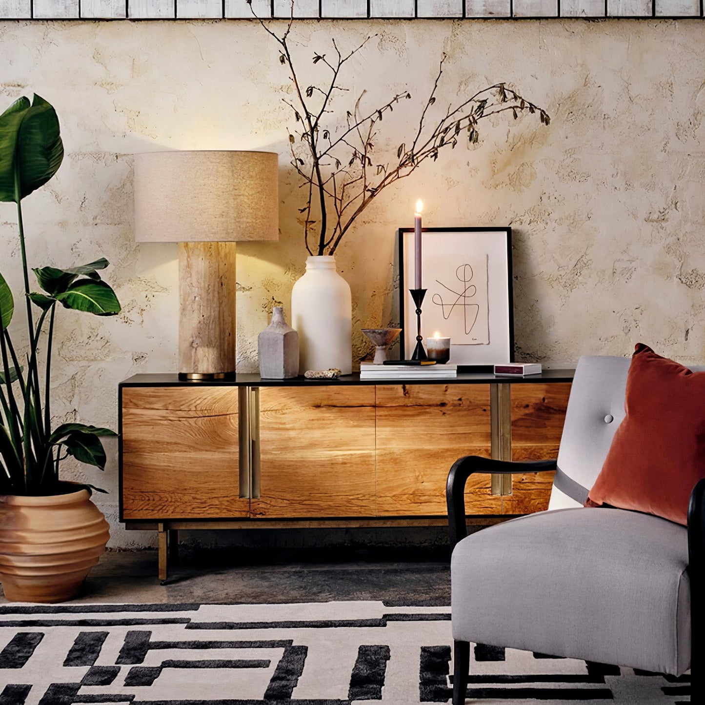 Aria Stone Table Lamp | Yellow Travertine Base & Beige Shade | 35cm Diameter