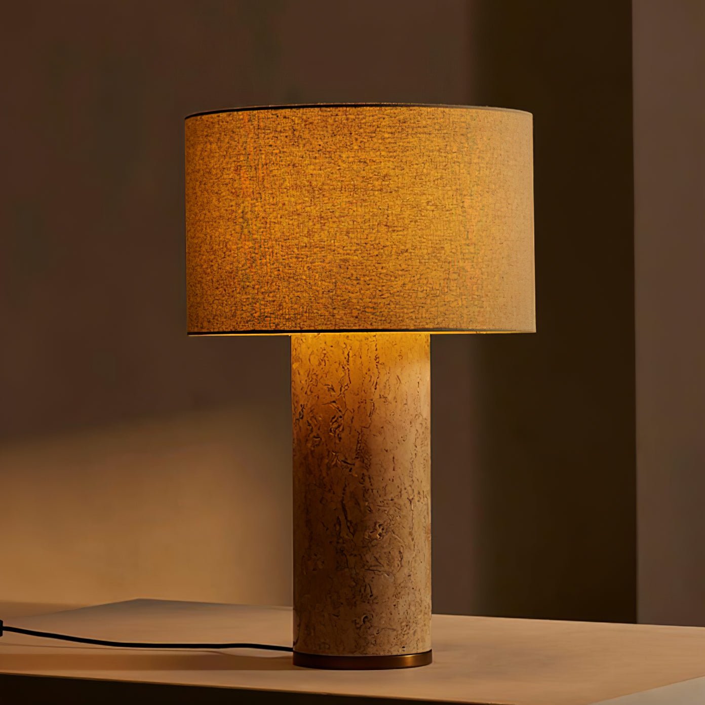 Aria Stone Table Lamp | Yellow Travertine Base & Beige Shade | 35cm Diameter