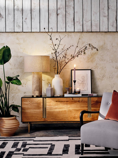Aria Stone Table Lamp | Yellow Travertine Base & Beige Shade | 35cm Diameter