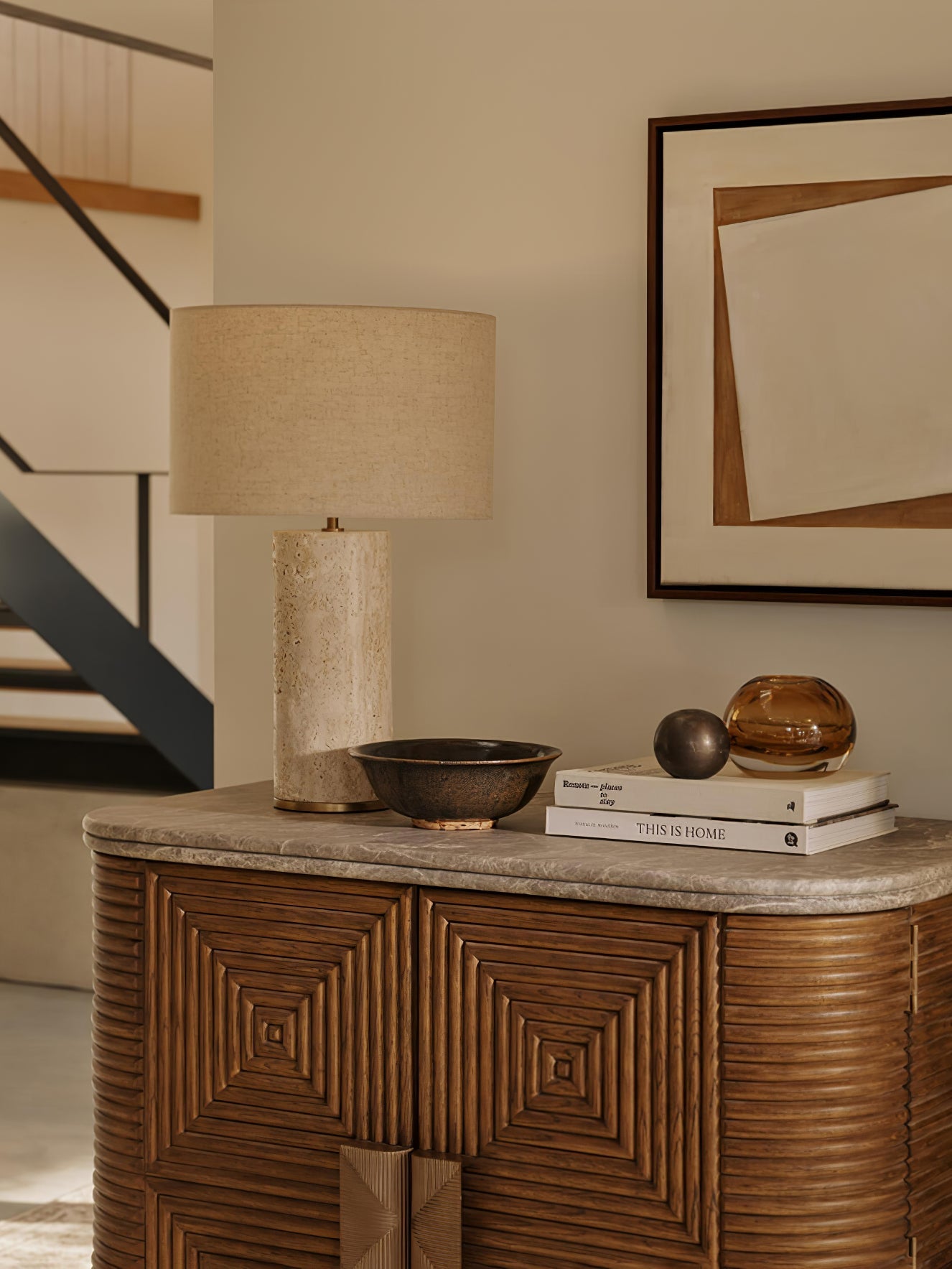 Aria Stone Table Lamp | Yellow Travertine Base & Beige Shade | 35cm Diameter