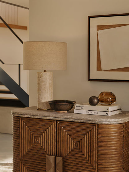 Aria Stone Table Lamp | Yellow Travertine Base & Beige Shade | 35cm Diameter
