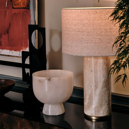 Aria Stone Table Lamp | Yellow Travertine Base & Beige Shade | 35cm Diameter