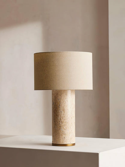 Aria Stone Table Lamp | Yellow Travertine Base & Beige Shade | 35cm Diameter