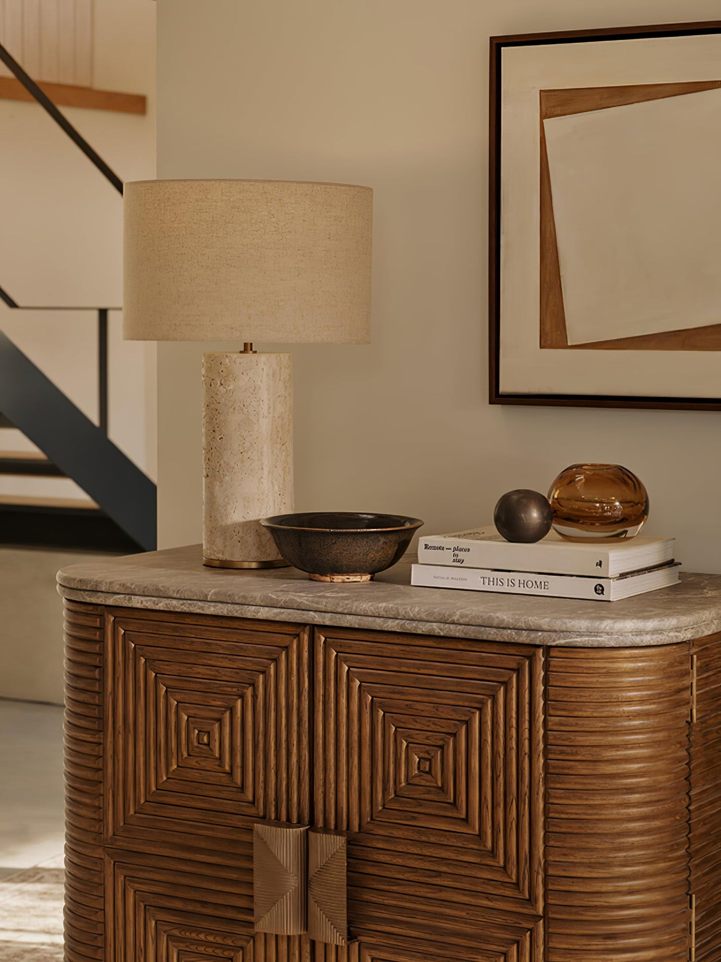 Aria Stone Table Lamp | Yellow Travertine Base & Beige Shade | 35cm Diameter