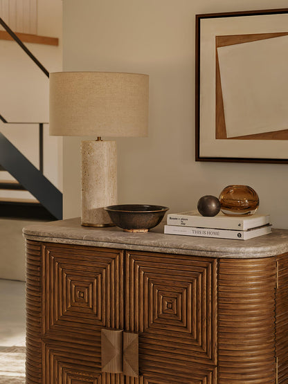Aria Stone Table Lamp | Yellow Travertine Base & Beige Shade | 35cm Diameter