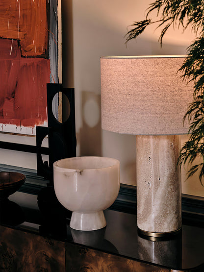 Aria Stone Table Lamp | Yellow Travertine Base & Beige Shade | 35cm Diameter