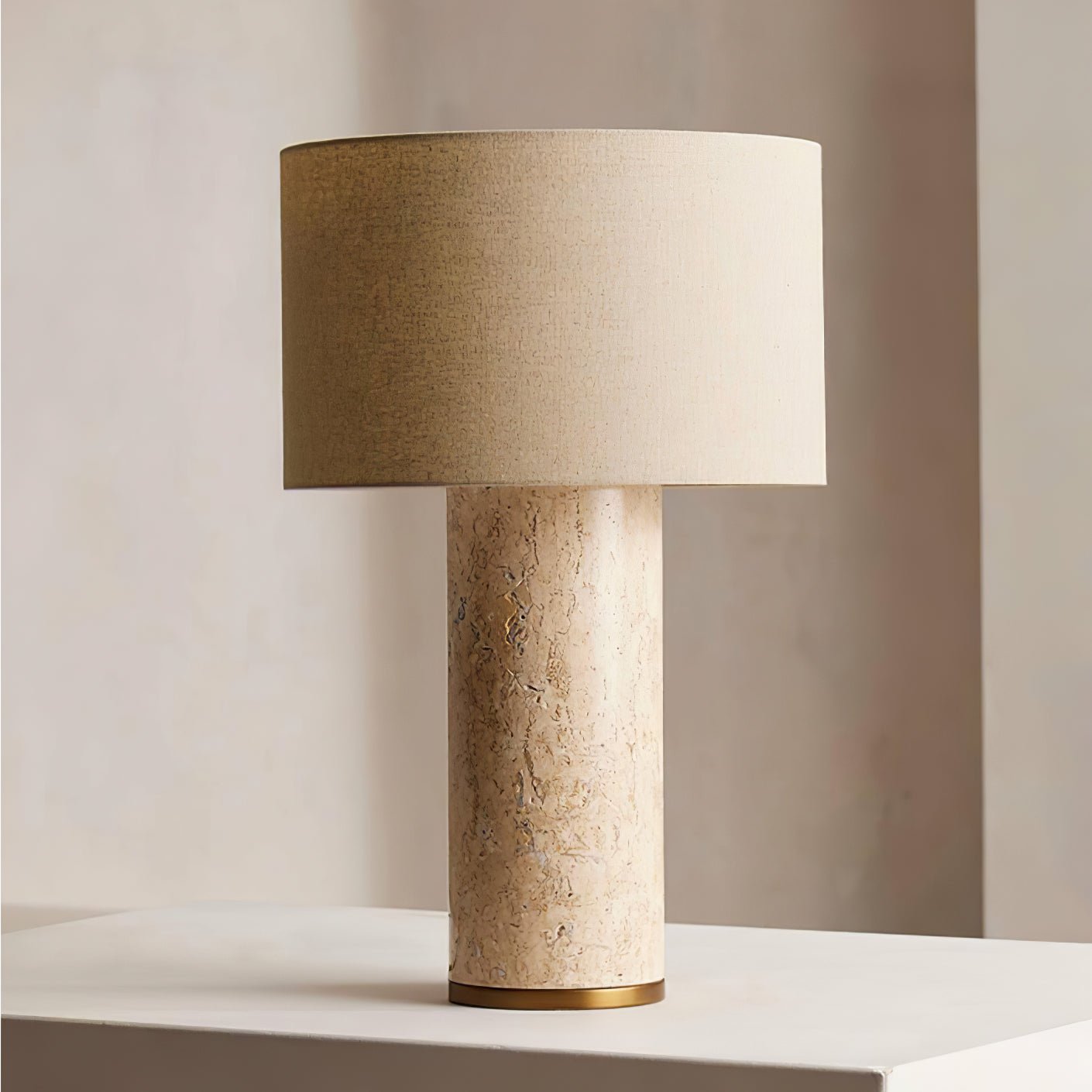 Aria Stone Table Lamp | Yellow Travertine Base & Beige Shade | 35cm Diameter