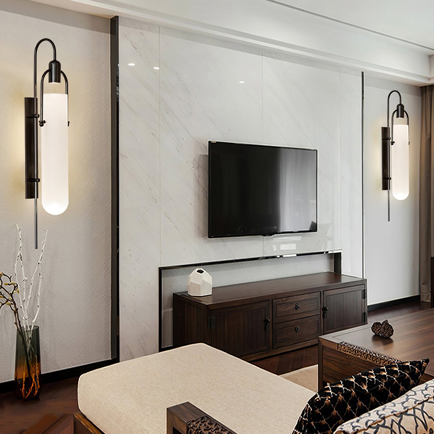 Arc Glass Wall Lamp | Frosted White Glass & Black Frame | Set of 2