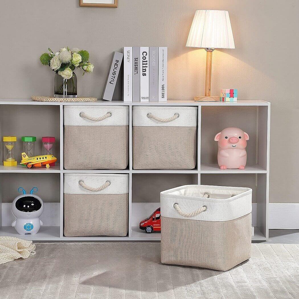 Storage Cube Boxes | Canvas and Linen | White and Light Khaki | Set of 3 Sizes