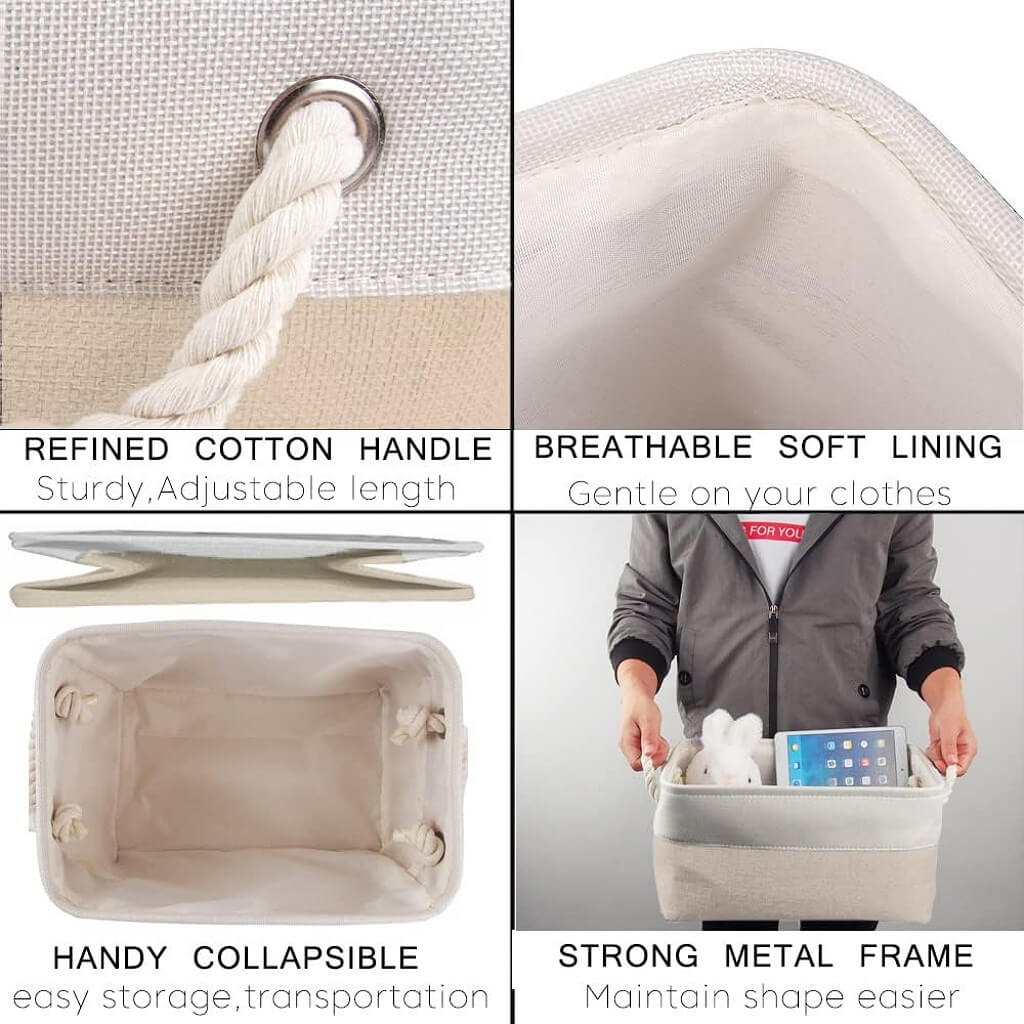 Fabric Storage Baskets | White & Khaki Rope Handles | Set of 5
