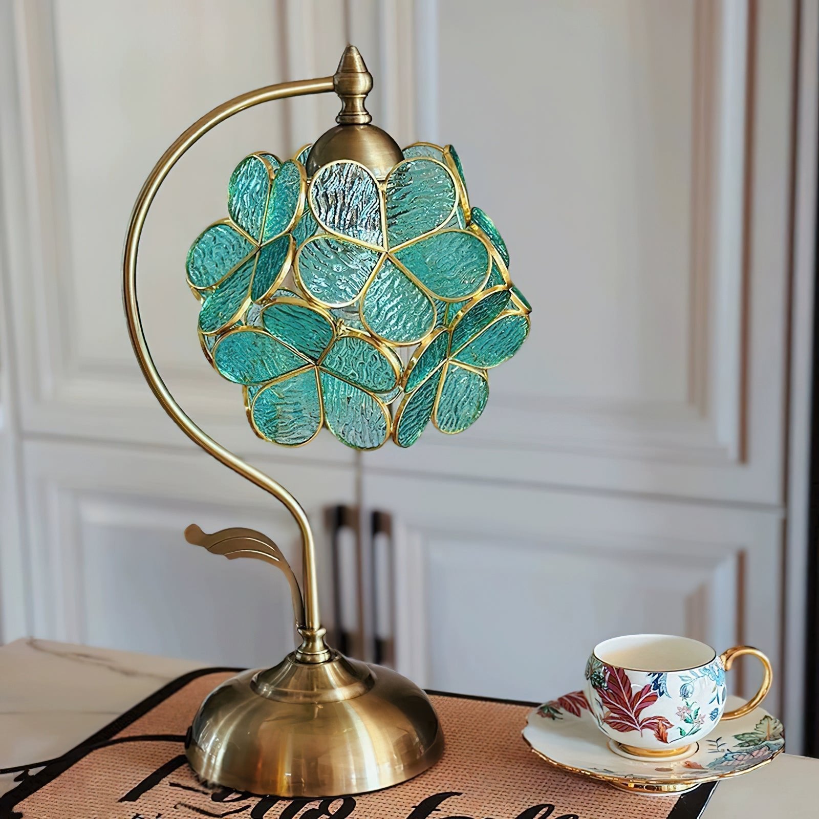 Aurelia Leaf Table Lamp | Glass & Brass | Seafoam Green