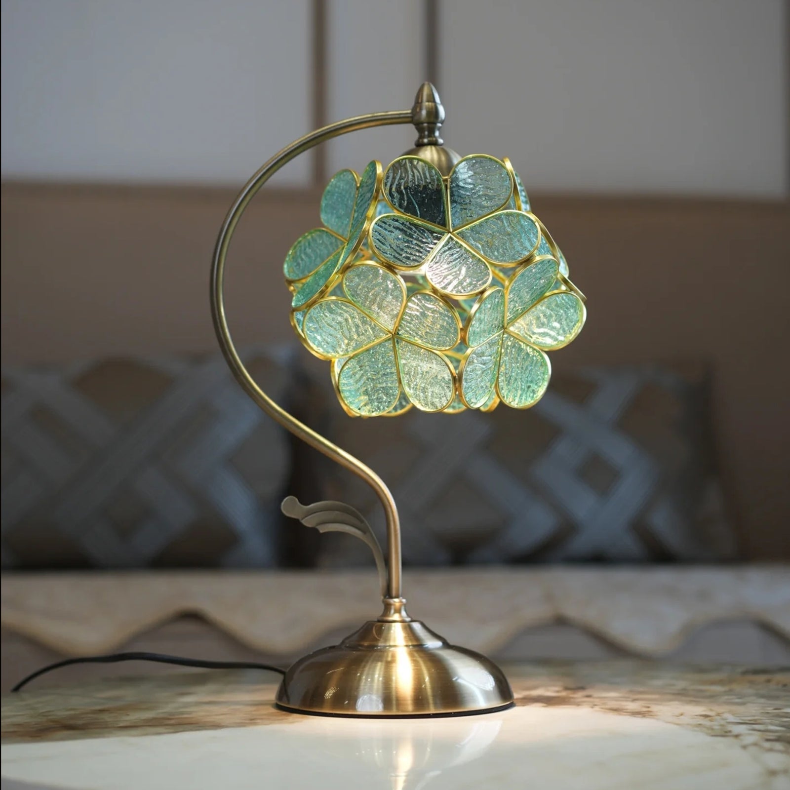 Aurelia Leaf Table Lamp | Glass & Brass | Seafoam Green