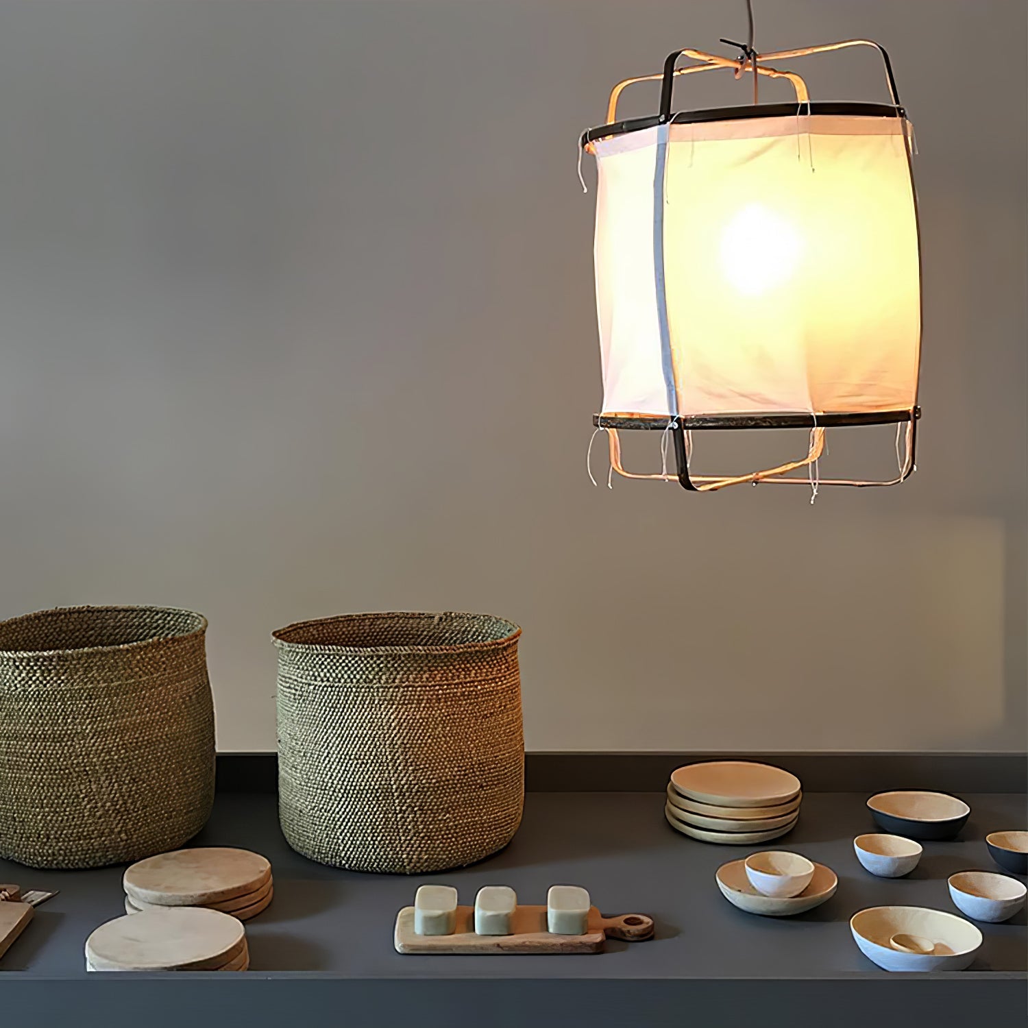 Bamboo Pendant Light | Natural Bamboo & Linen | 40cm Diameter