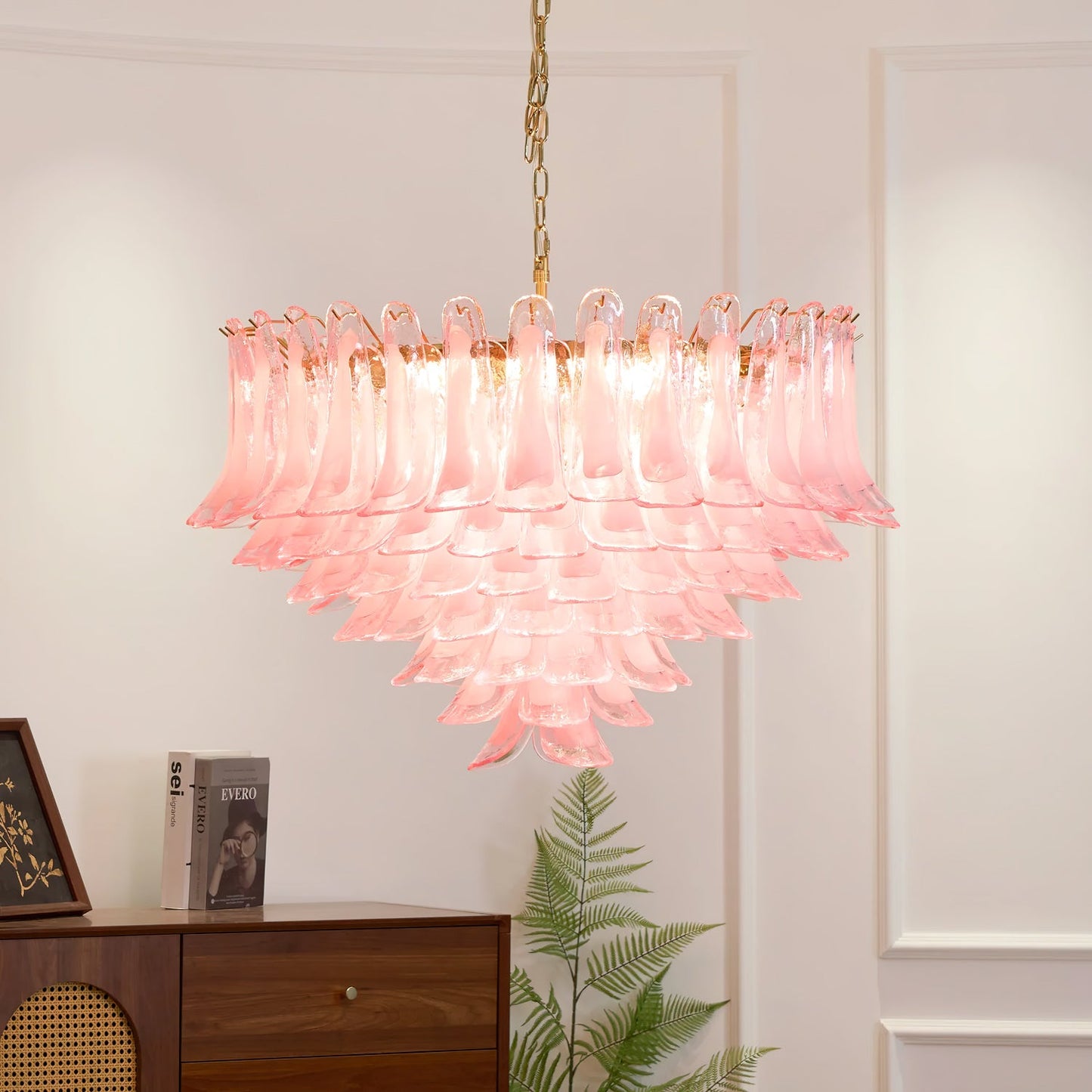 Murano Chandelier | Gold Frame with Pink Glass | 95cm Diameter