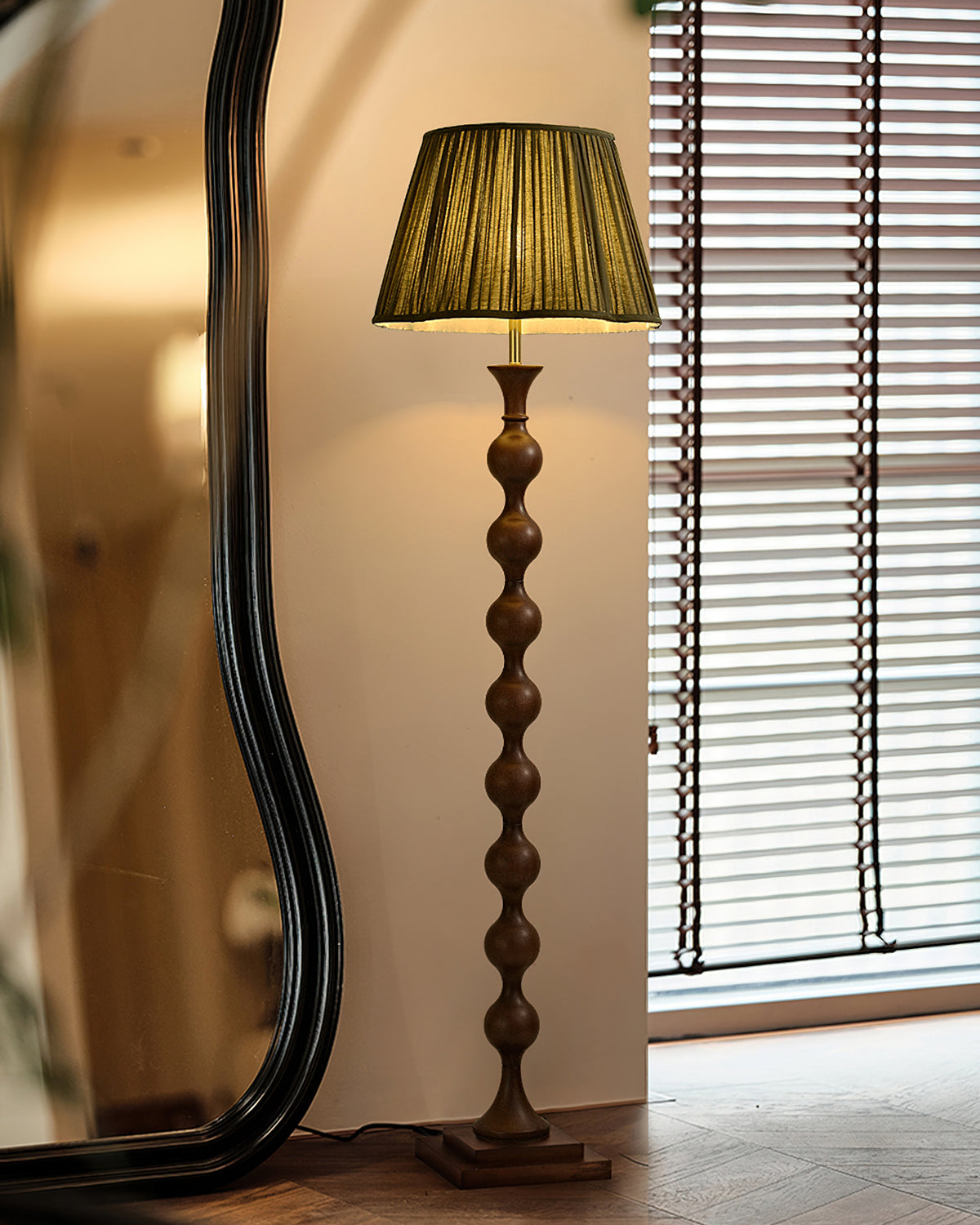 Beaded Column Floor Lamp | Wood & Fabric | Gold or Walnut Color