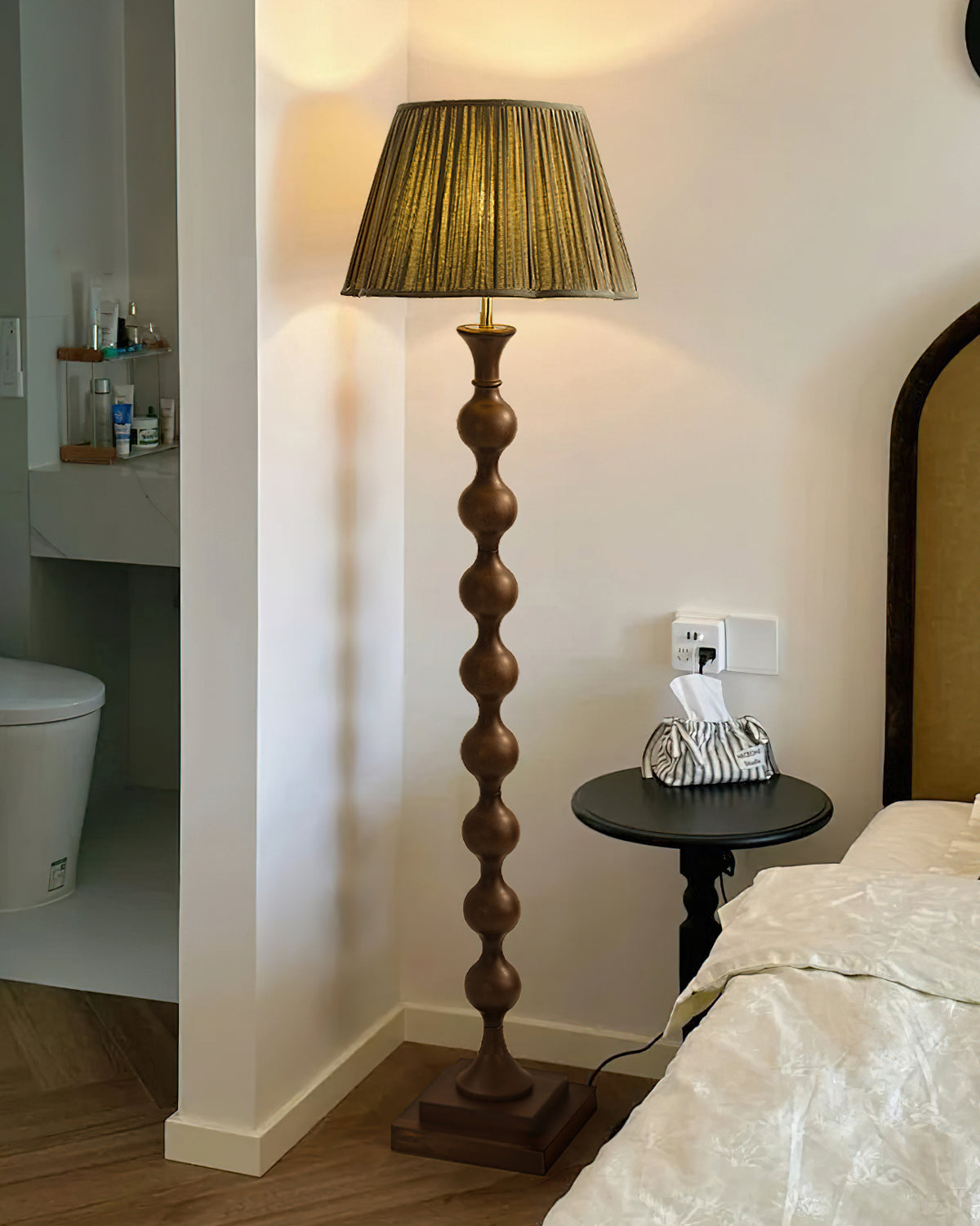 Beaded Column Floor Lamp | Wood & Fabric | Gold or Walnut Color