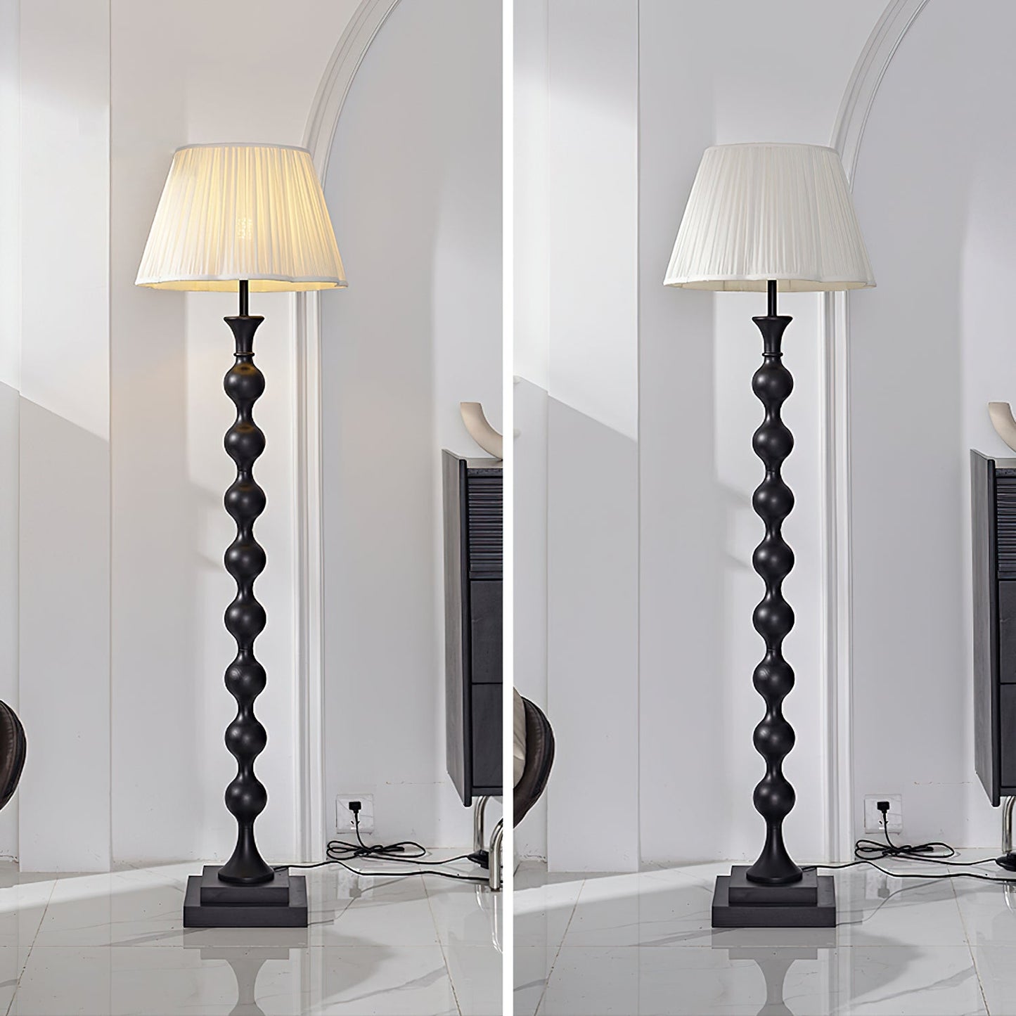 Beaded Column Floor Lamp | Wood & Fabric | Gold or Walnut Color