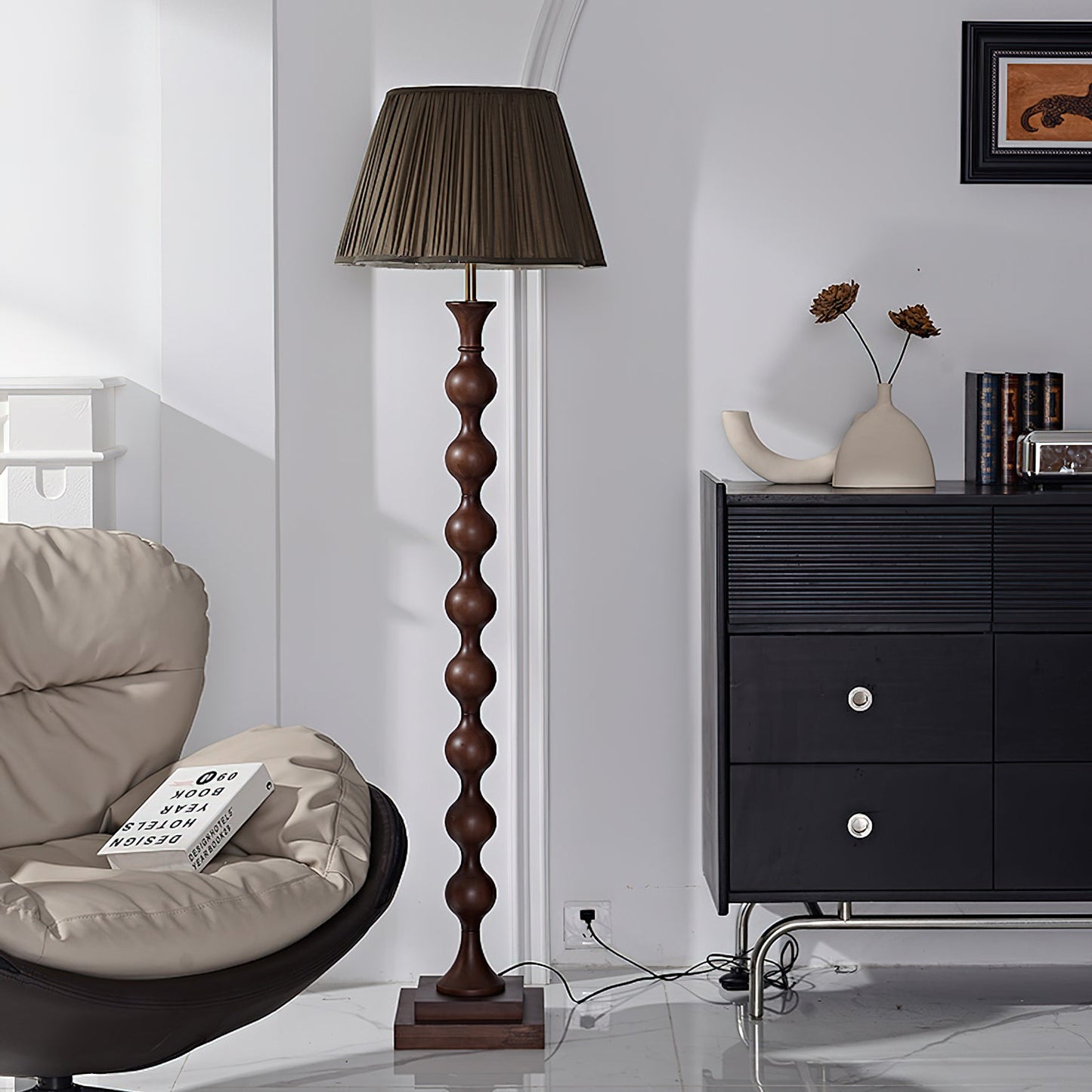 Beaded Column Floor Lamp | Wood & Fabric | Gold or Walnut Color