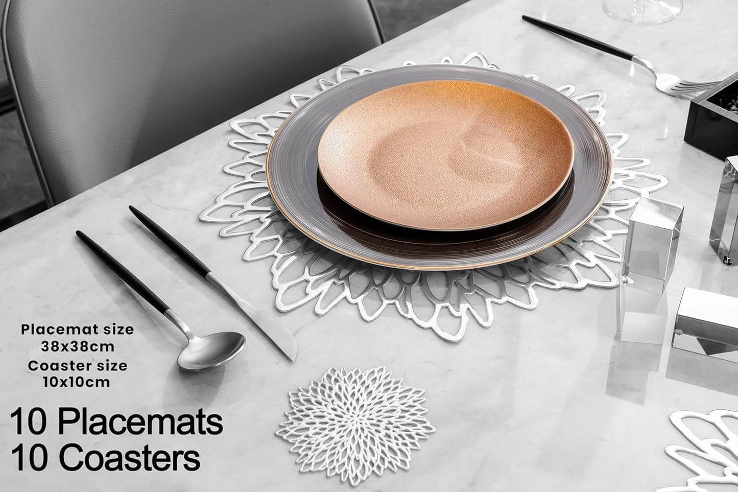 Round Silver Placemats & Coaster Set | Durable Pressed Vinyl | 15.5"