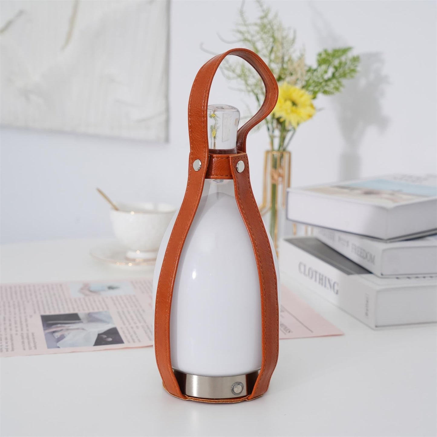 Portable Battery Table Lamp | Leather, Glass, Metal | Brown & White