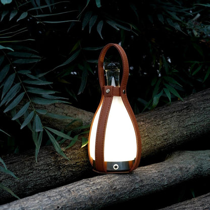 Portable Battery Table Lamp | Leather, Glass, Metal | Brown & White