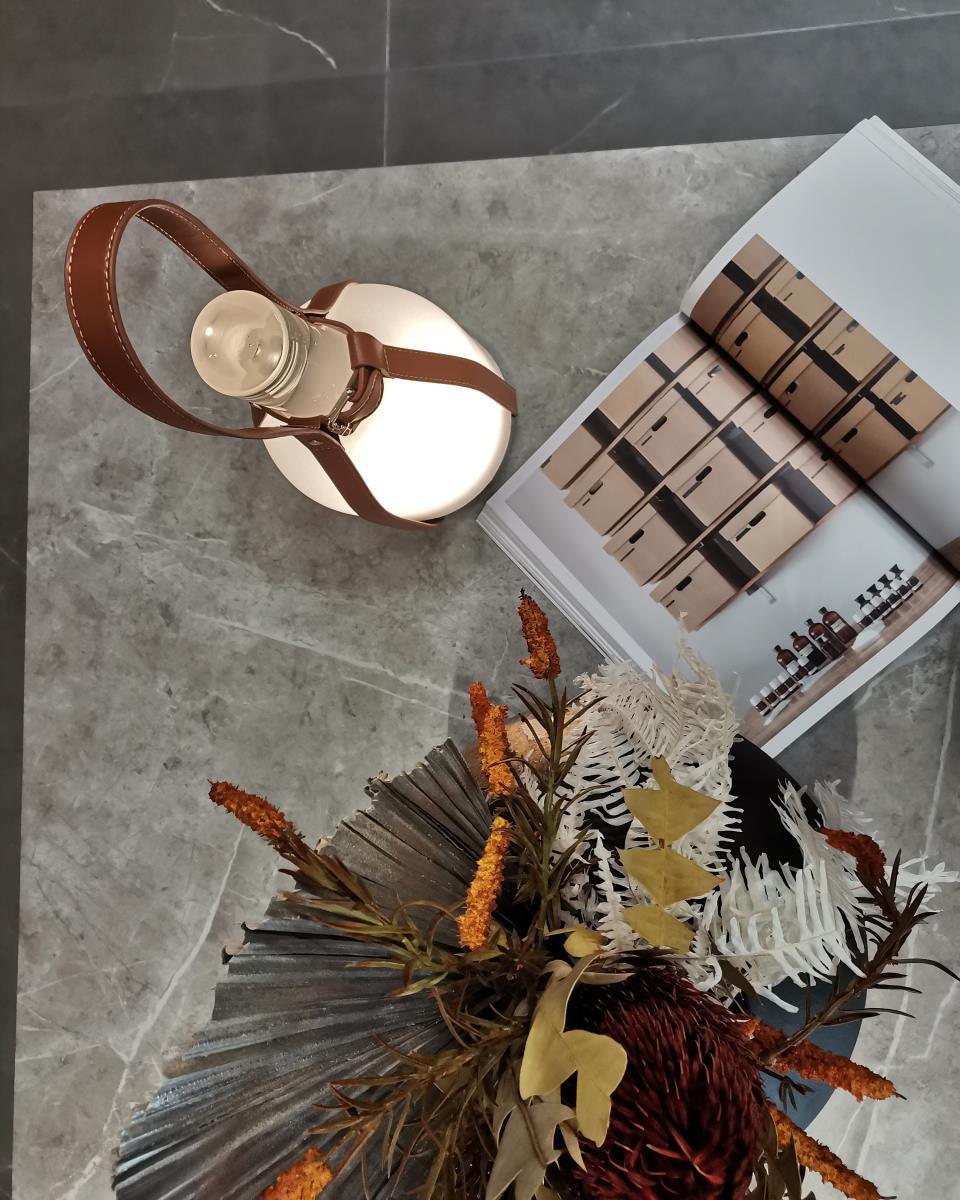 Portable Battery Table Lamp | Leather, Glass, Metal | Brown & White