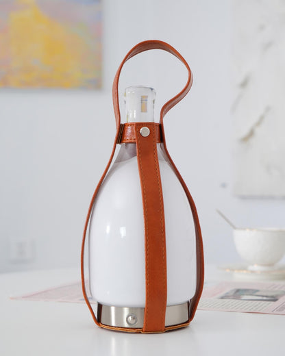 Portable Battery Table Lamp | Leather, Glass, Metal | Brown & White