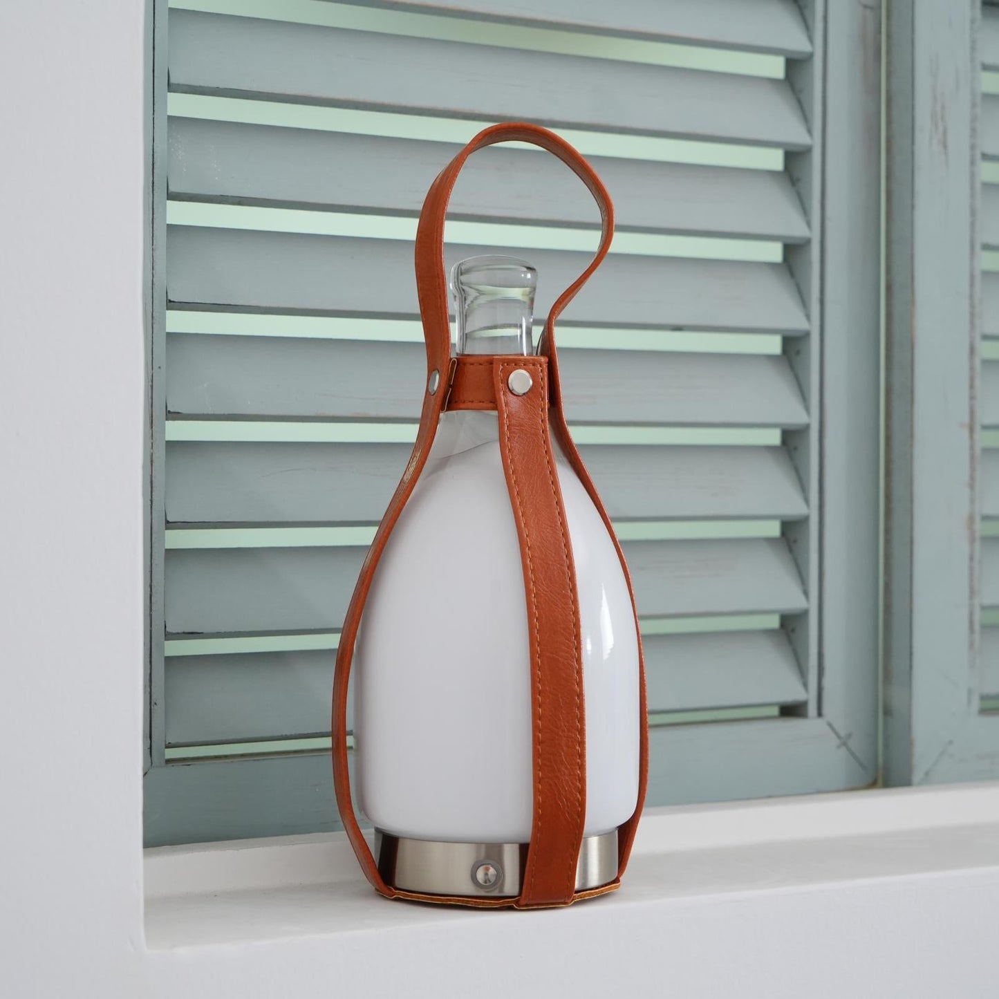 Portable Battery Table Lamp | Leather, Glass, Metal | Brown & White