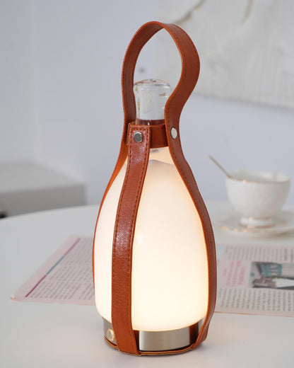 Portable Battery Table Lamp | Leather, Glass, Metal | Brown & White