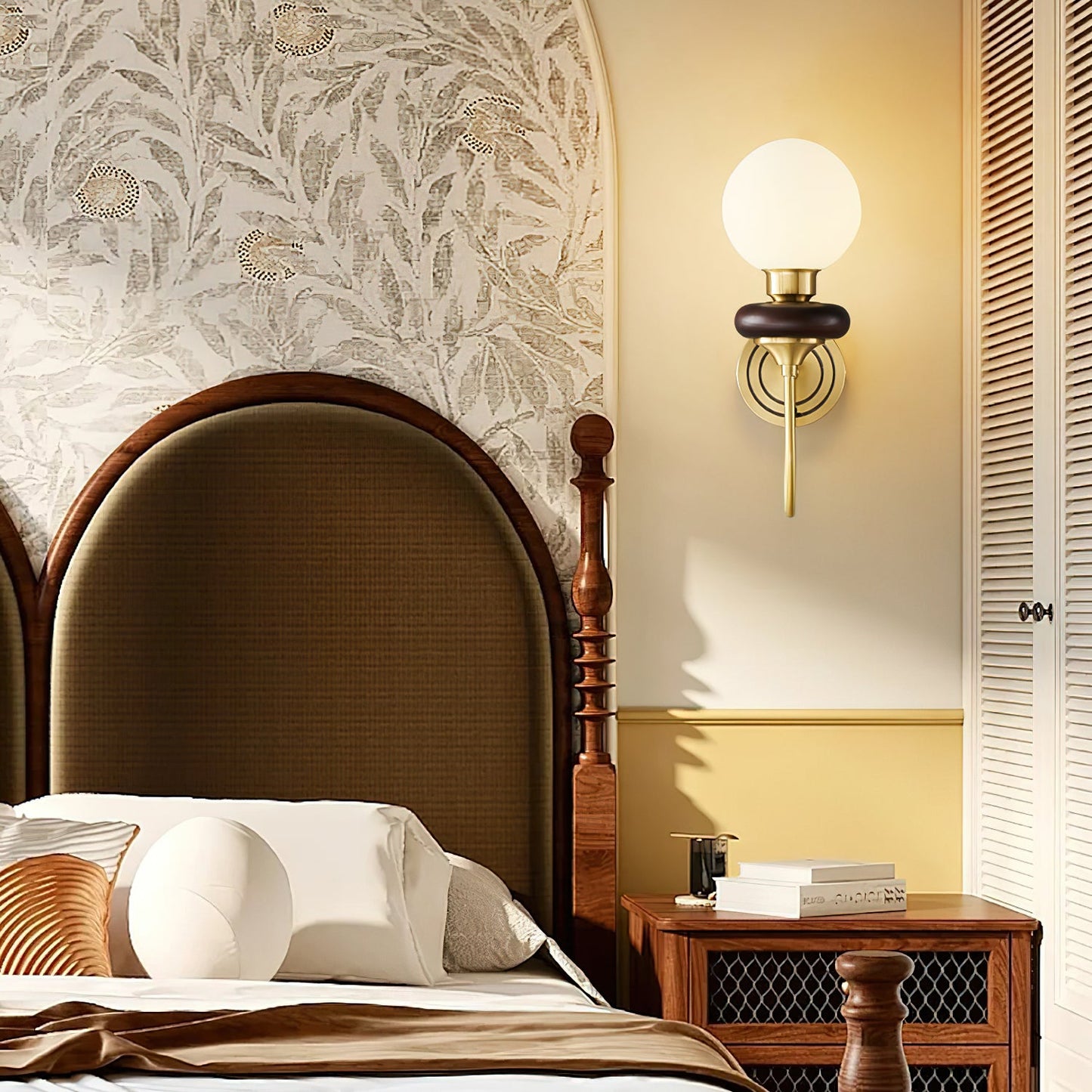 Bellevue Wall Lamp | Opaline Glass & Brass | Walnut & White