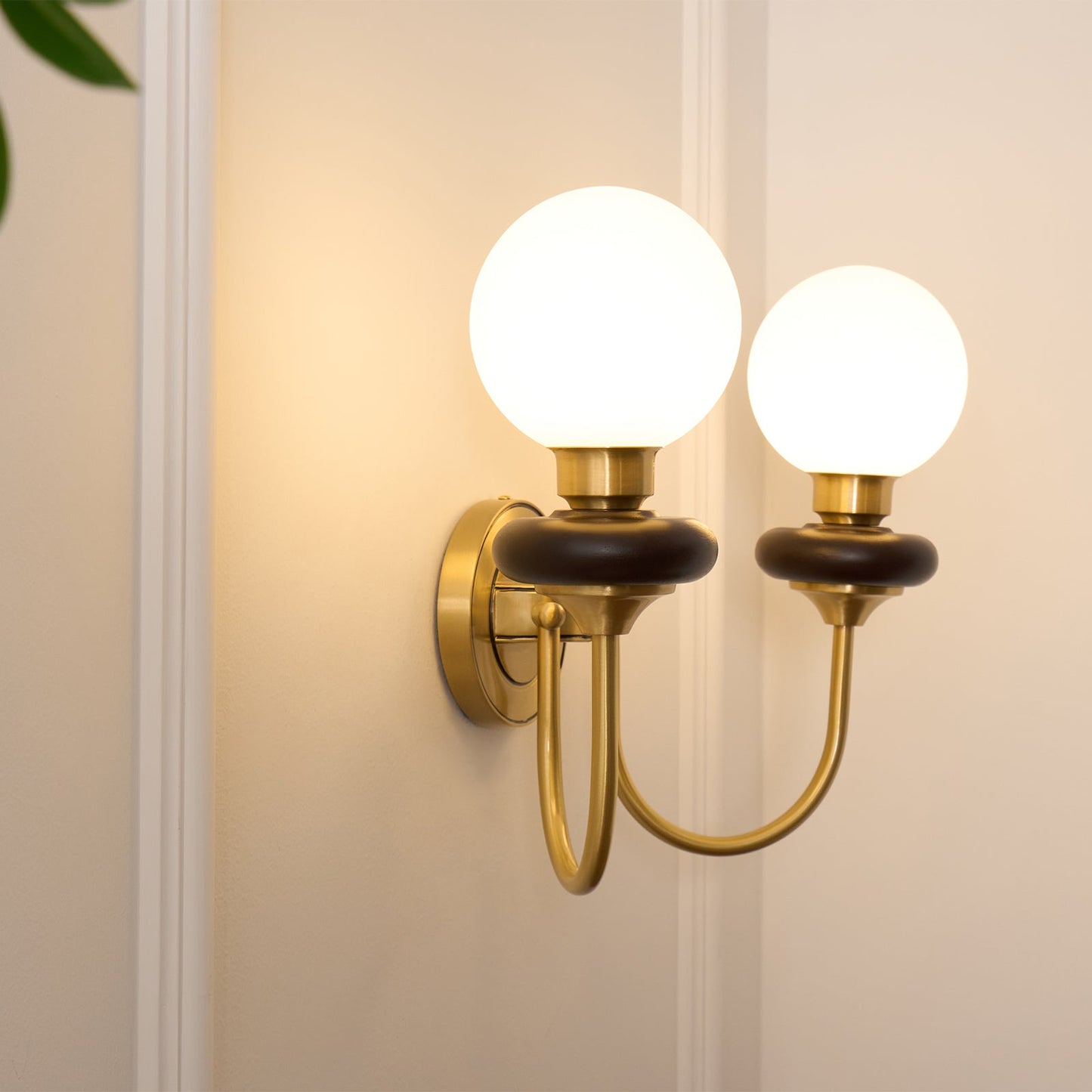 Bellevue Wall Lamp | Opaline Glass & Brass | Walnut & White