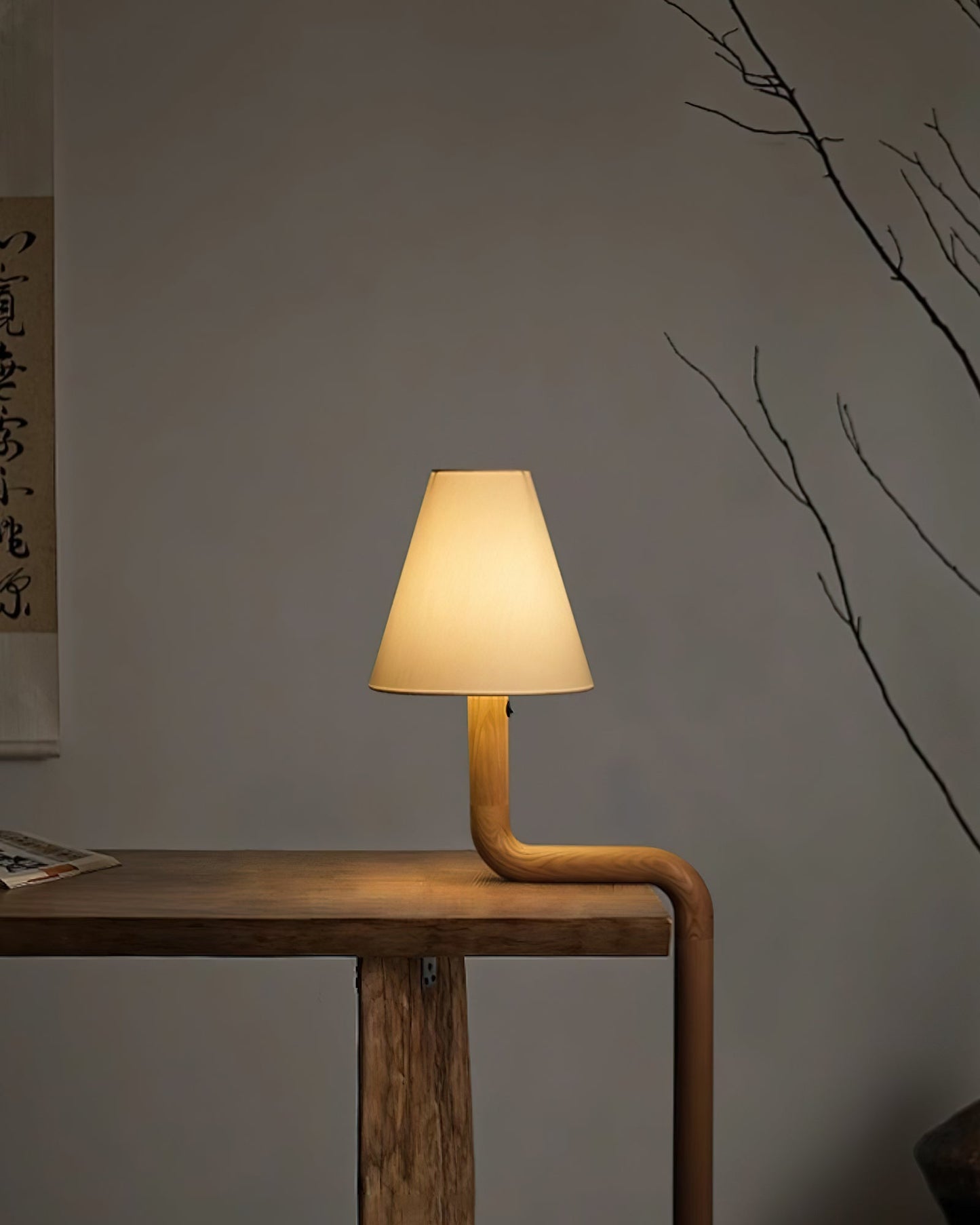 Bend Wood Table Lamp | Wood, Metal, Fabric | White Shade