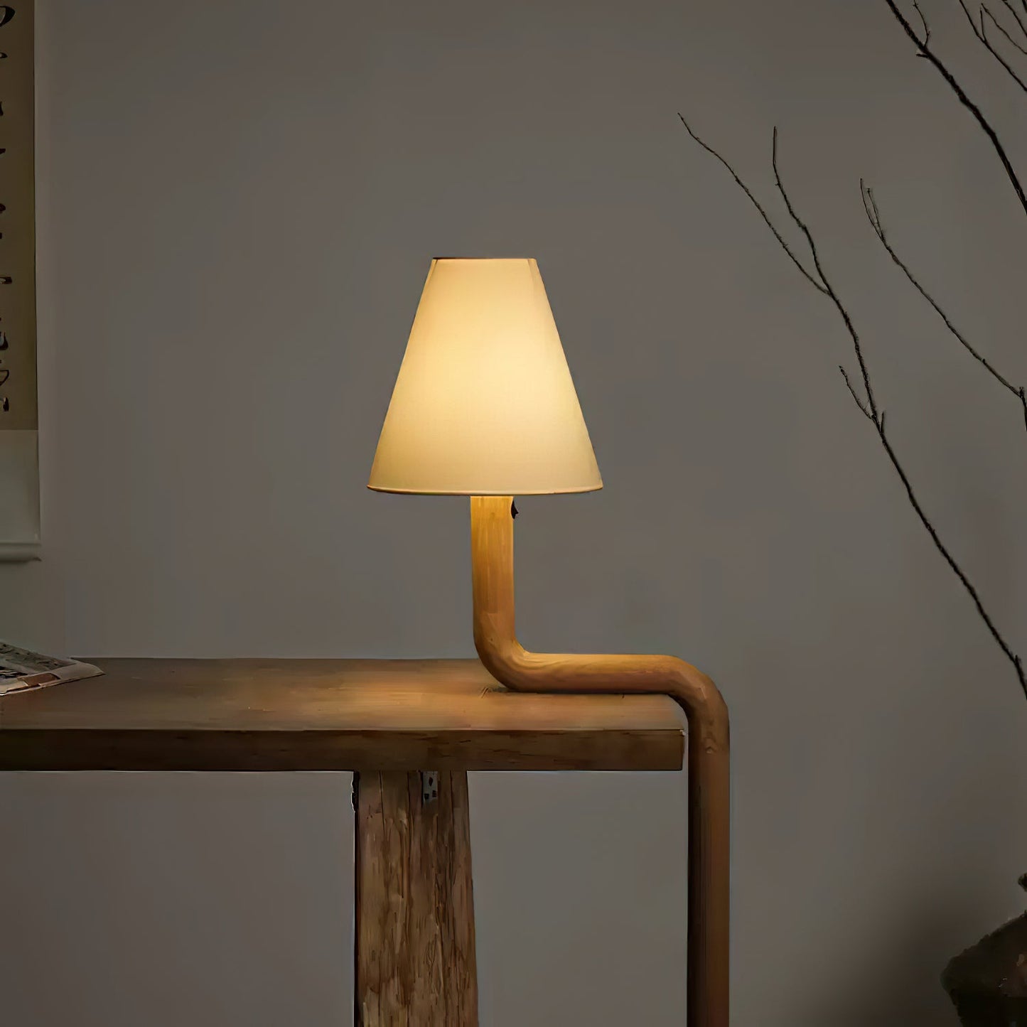 Bend Wood Table Lamp | Wood, Metal, Fabric | White Shade