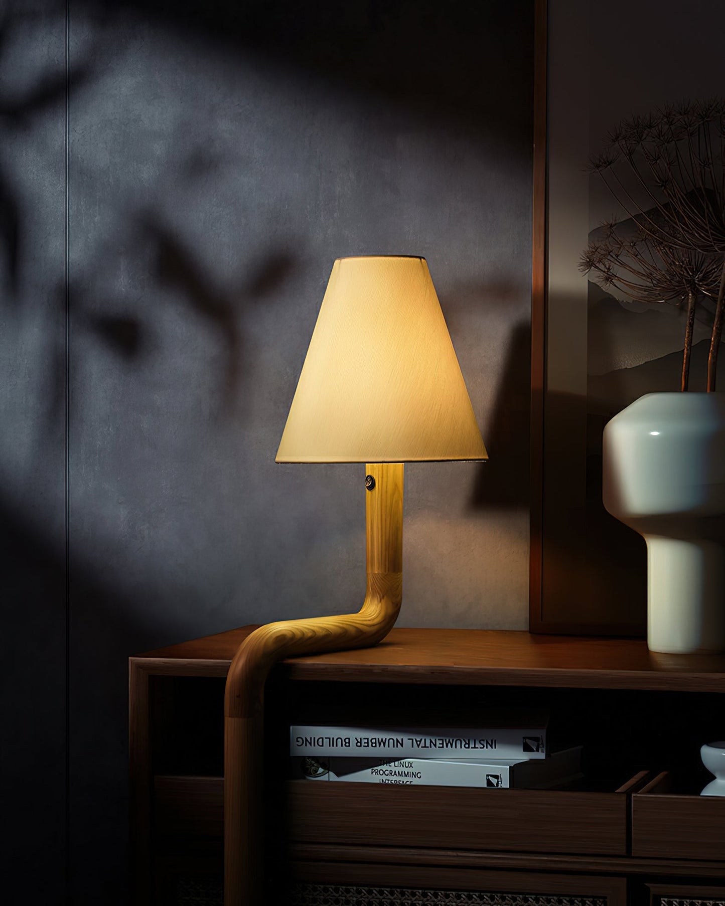 Bend Wood Table Lamp | Wood, Metal, Fabric | White Shade
