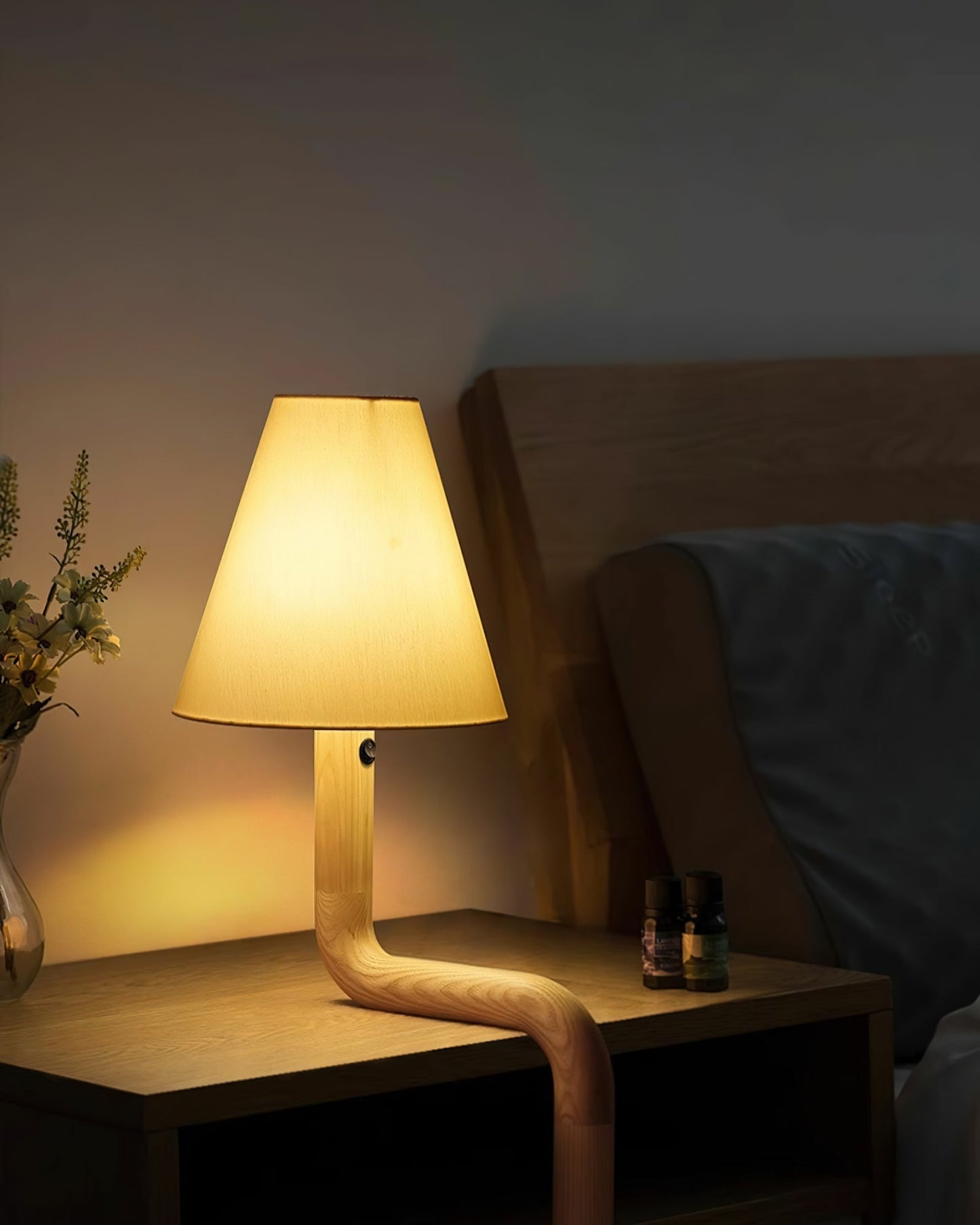 Bend Wood Table Lamp | Wood, Metal, Fabric | White Shade