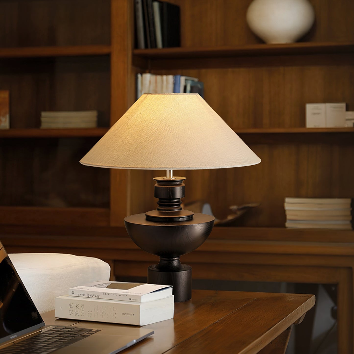 Bhaskara Table Lamp | Solid Wood Base & Fabric Shade | Walnut & White