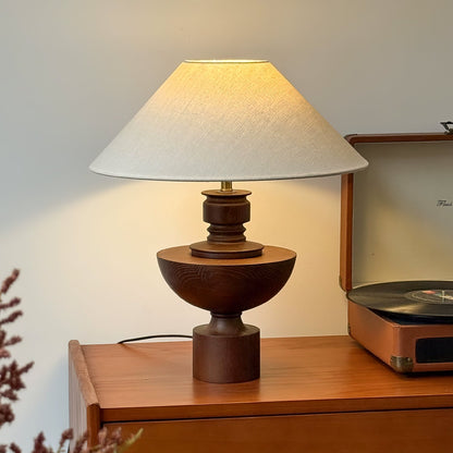 Bhaskara Table Lamp | Solid Wood Base & Fabric Shade | Walnut & White