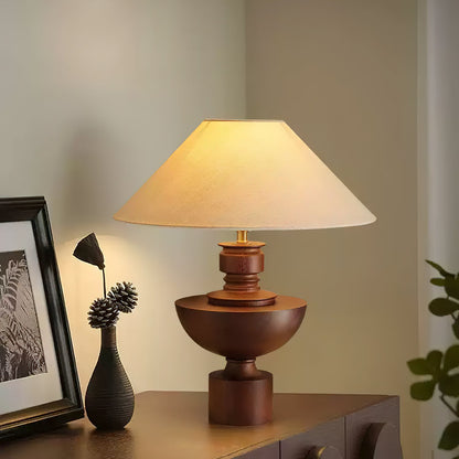 Bhaskara Table Lamp | Solid Wood Base & Fabric Shade | Walnut & White