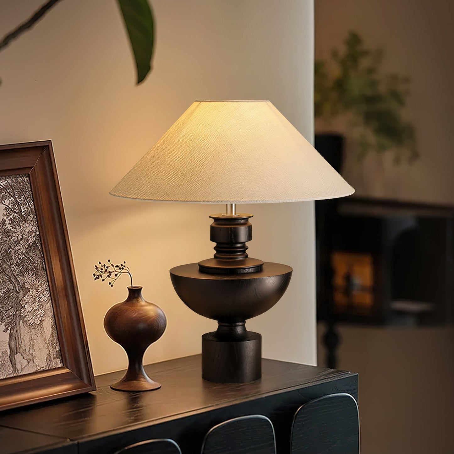 Bhaskara Table Lamp | Solid Wood Base & Fabric Shade | Walnut & White