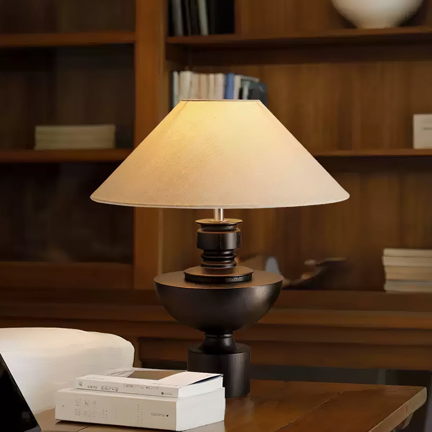 Bhaskara Table Lamp | Solid Wood Base & Fabric Shade | Walnut & White