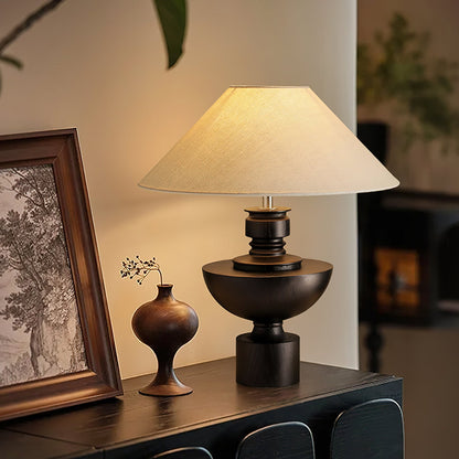 Bhaskara Table Lamp | Solid Wood Base & Fabric Shade | Walnut & White