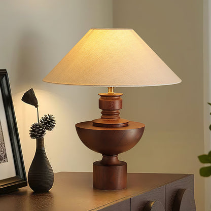 Bhaskara Table Lamp | Solid Wood Base & Fabric Shade | Walnut & White
