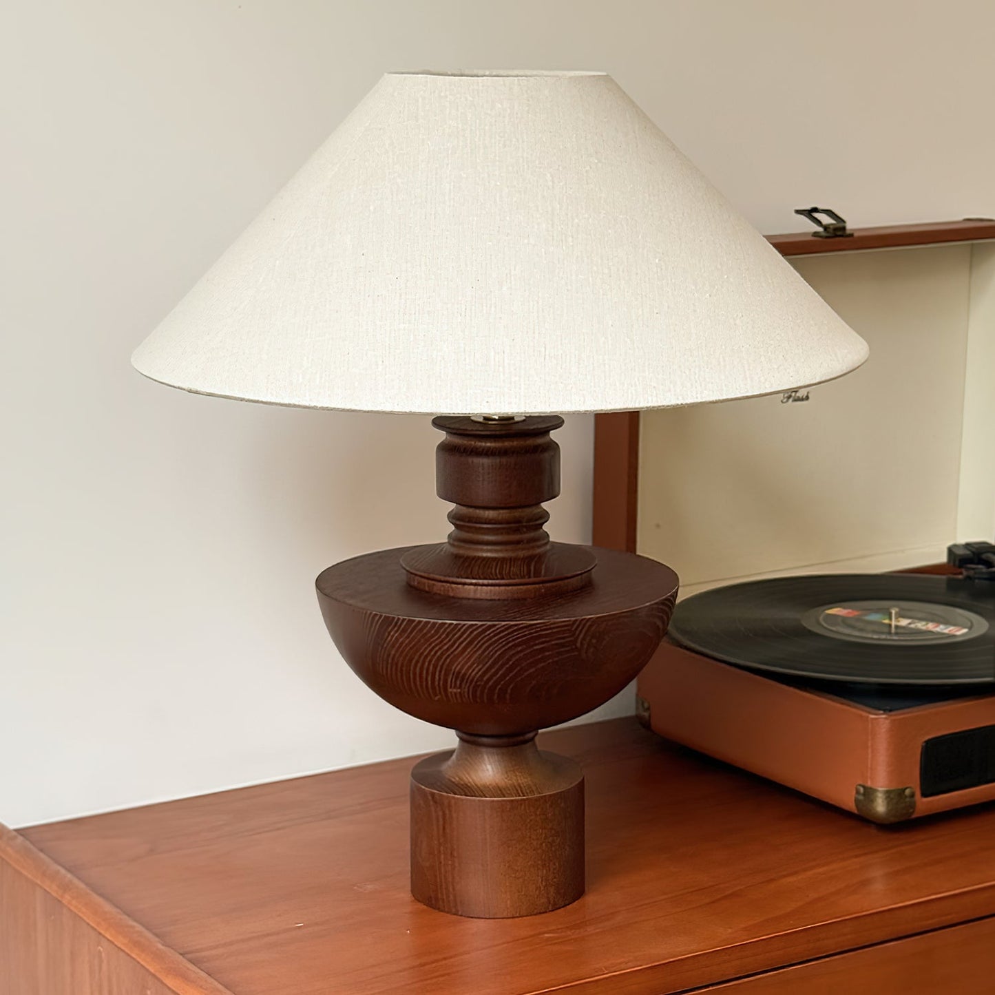 Bhaskara Table Lamp | Solid Wood Base & Fabric Shade | Walnut & White