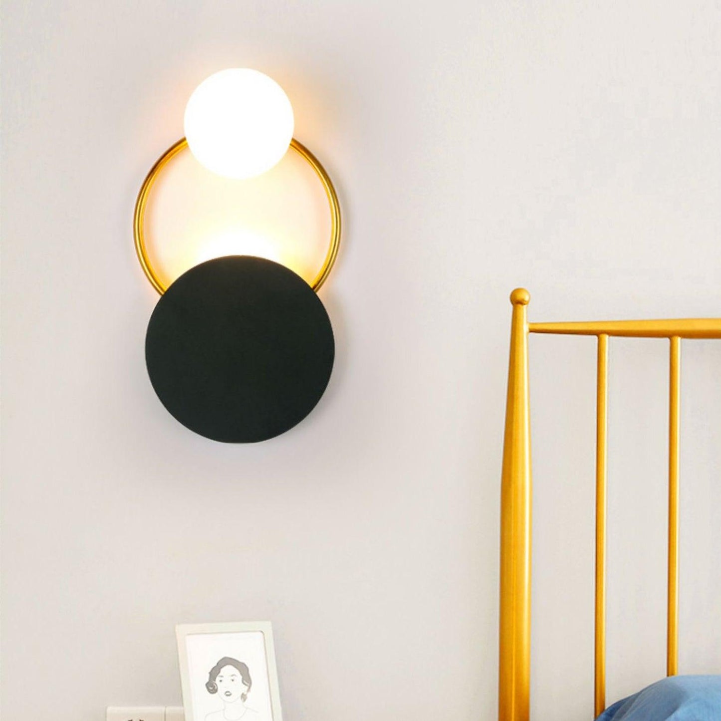 Black Circular Wall Lamp | Metal & Glass | Gold & Black