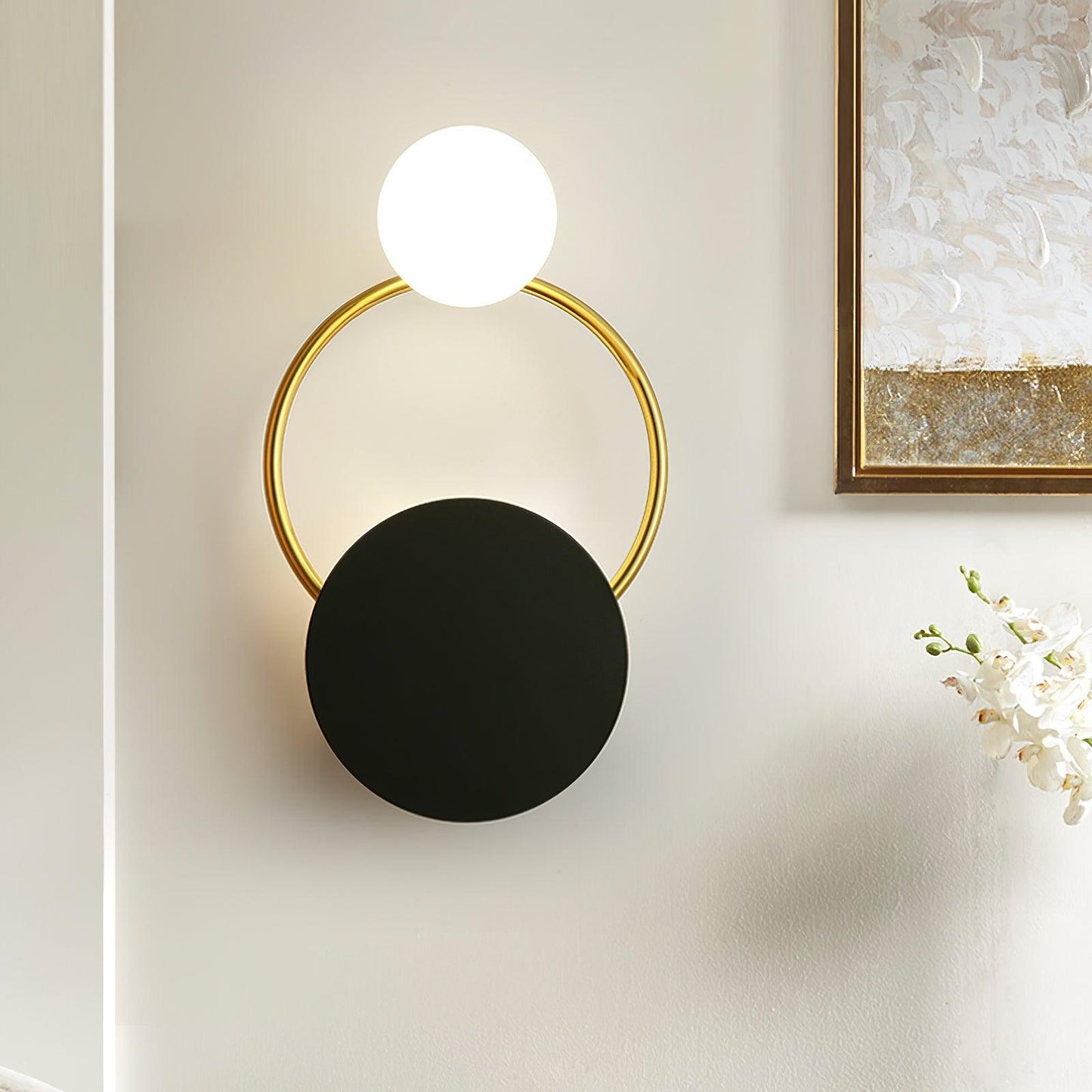 Black Circular Wall Lamp | Metal & Glass | Gold & Black