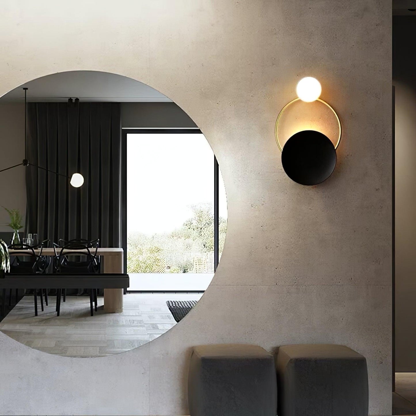 Black Circular Wall Lamp | Metal & Glass | Gold & Black