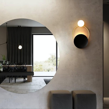 Black Circular Wall Lamp | Metal & Glass | Gold & Black
